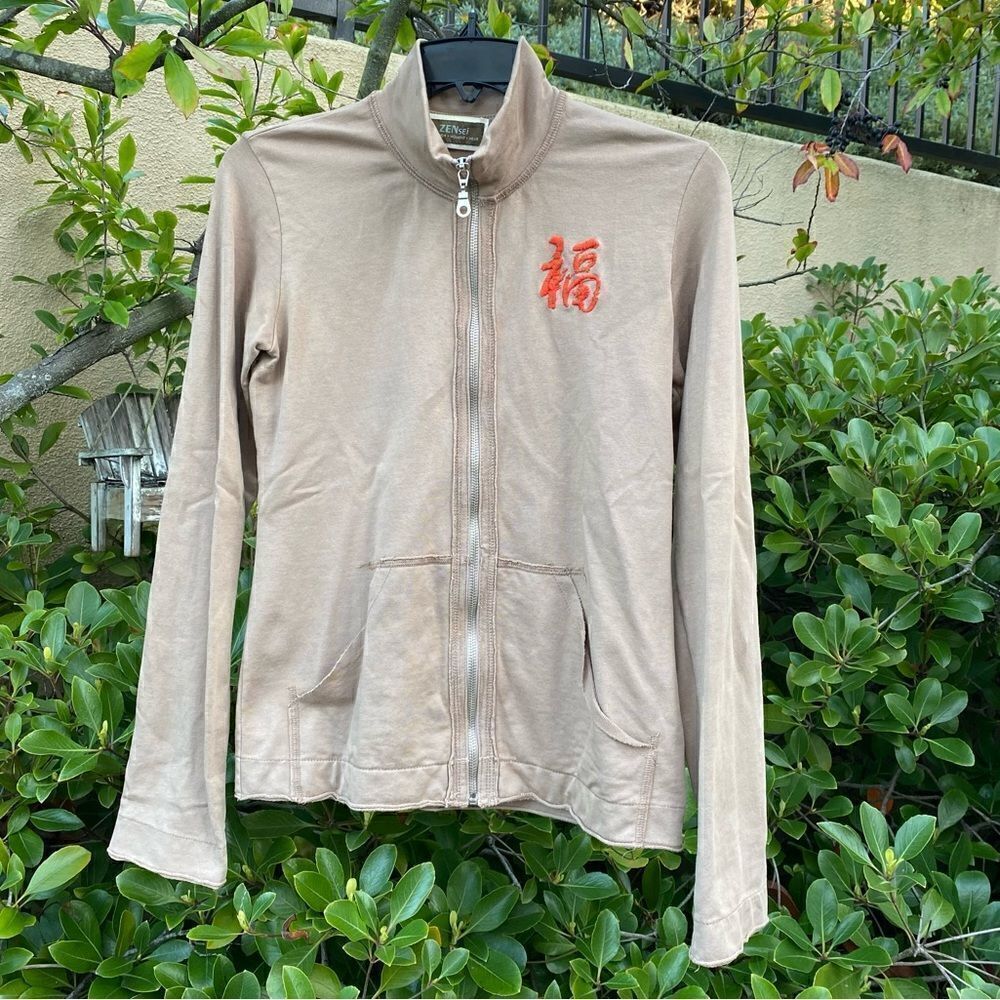 ZENsei zip up yoga jacket w/embroidered characters and koi fish. Size XS. EUC!